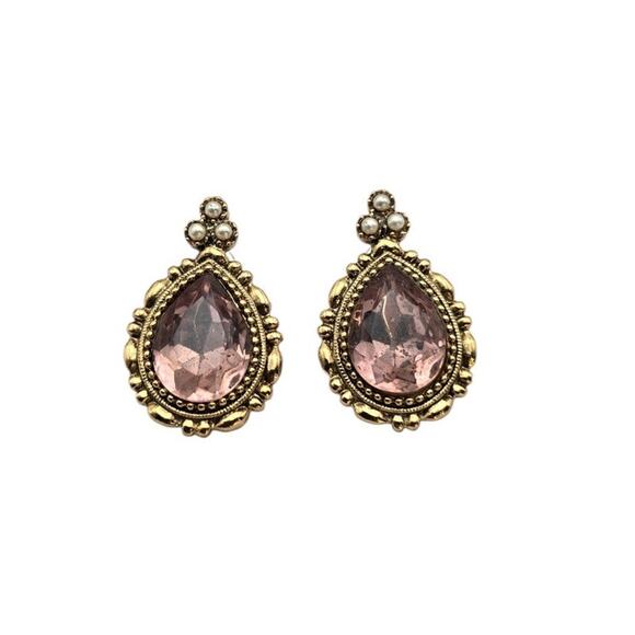 Vintage-Style Pink Fauceted Rhinestone and Pearl Teardrop Statement Earrings - Picture 1 of 4